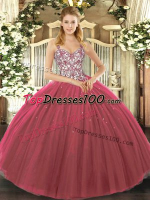 Glamorous Fuchsia Sleeveless Tulle Lace Up Quinceanera Dress for Sweet 16 and Quinceanera