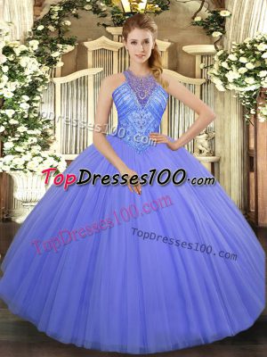 Lavender Tulle Lace Up Quinceanera Gowns Sleeveless Floor Length Beading