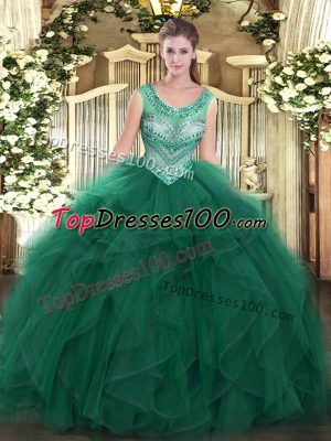 Colorful Dark Green Tulle Lace Up Vestidos de Quinceanera Sleeveless Floor Length Beading and Ruffles