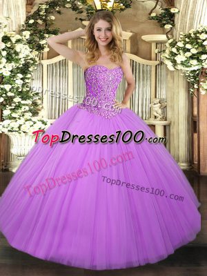 Dazzling Sleeveless Floor Length Beading Lace Up 15 Quinceanera Dress with Lilac