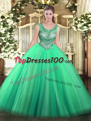 Floor Length Turquoise Vestidos de Quinceanera Tulle Sleeveless Beading