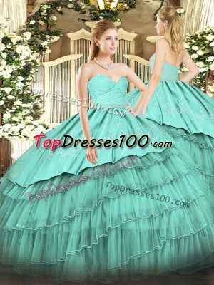 Fantastic Turquoise Sweetheart Neckline Beading and Lace and Embroidery and Ruffled Layers 15 Quinceanera Dress Sleeveless Zipper