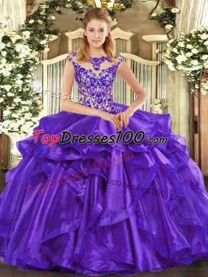 Purple Lace Up Scoop Beading and Ruffles Quinceanera Gowns Organza Cap Sleeves