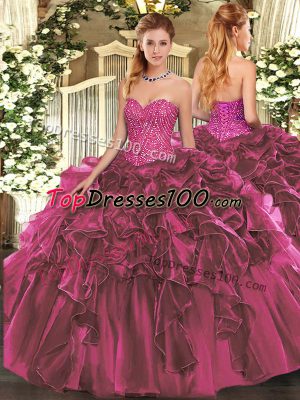 Vintage Floor Length Burgundy Sweet 16 Dress Organza Sleeveless Beading and Ruffles