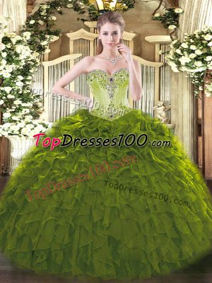 Olive Green Ball Gowns Beading and Ruffles 15 Quinceanera Dress Lace Up Organza Sleeveless Floor Length