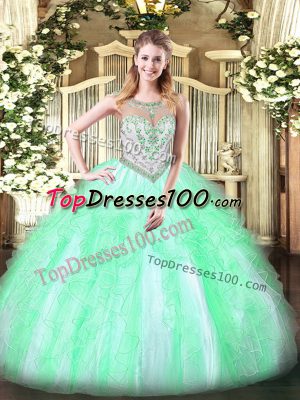 Spectacular Tulle Scoop Sleeveless Zipper Beading and Ruffles Quinceanera Dress in Apple Green