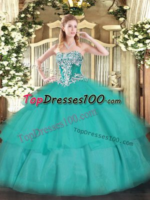 Exceptional Floor Length Lace Up Sweet 16 Dress Turquoise for Military Ball and Sweet 16 and Quinceanera with Beading and Ruffled Layers