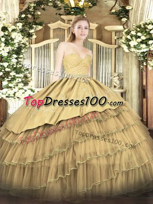 Sweetheart Sleeveless Zipper Quinceanera Dresses Gold Organza and Taffeta