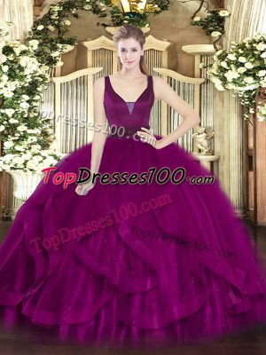 Sleeveless Zipper Floor Length Beading and Ruffles 15th Birthday Dress