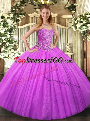On Sale Sweetheart Sleeveless Quinceanera Gown Floor Length Beading Lilac Tulle