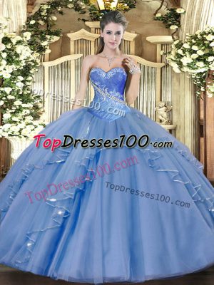 Aqua Blue Lace Up Sweetheart Beading and Ruffles Sweet 16 Dresses Tulle Sleeveless