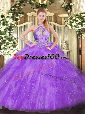 Superior Ball Gowns Quinceanera Gown Lavender Halter Top Organza Sleeveless Floor Length Lace Up
