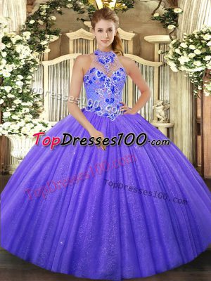 Purple Lace Up Halter Top Beading and Embroidery Quinceanera Gown Tulle Sleeveless