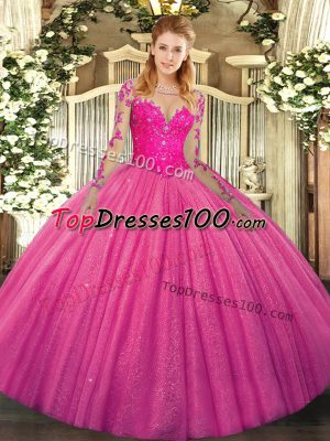 Hot Pink Scoop Neckline Lace Quinceanera Dress Long Sleeves Lace Up