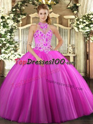 Glorious Halter Top Sleeveless Quinceanera Dresses Floor Length Embroidery Fuchsia Tulle