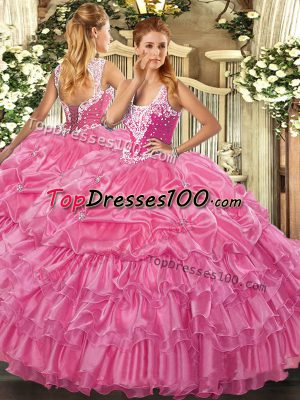 Rose Pink Organza Lace Up 15th Birthday Dress Sleeveless Floor Length Beading and Ruffled Layers and Pick Ups