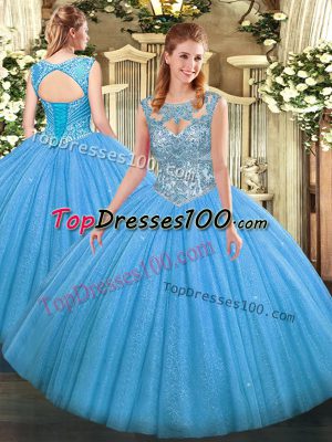 Sleeveless Tulle Floor Length Lace Up Ball Gown Prom Dress in Baby Blue with Beading