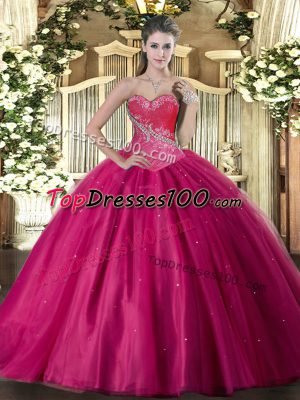 Fuchsia Sleeveless Tulle Lace Up Sweet 16 Dress for Military Ball and Sweet 16 and Quinceanera