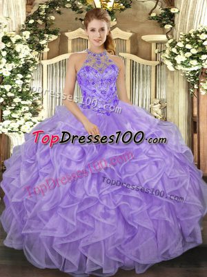 Floor Length Lace Up 15 Quinceanera Dress Lavender for Military Ball and Sweet 16 and Quinceanera with Beading and Ruffles