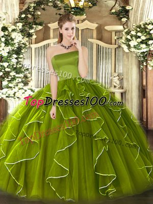 Floor Length Olive Green 15th Birthday Dress Strapless Sleeveless Zipper