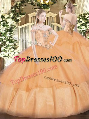 Fantastic Orange Ball Gowns Beading and Ruffled Layers Quinceanera Gown Lace Up Organza Sleeveless Floor Length