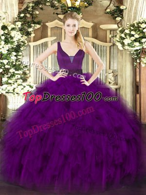 Amazing Floor Length Purple Quinceanera Gown Straps Sleeveless Zipper
