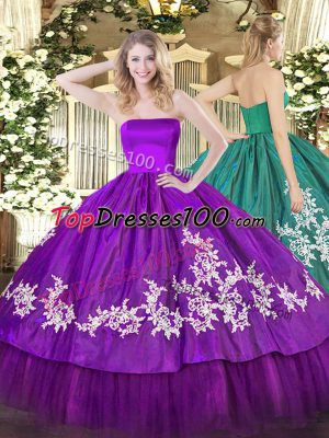 Delicate Purple Strapless Zipper Embroidery Sweet 16 Dresses Sleeveless