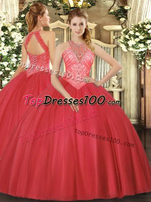 Trendy Floor Length Red Quinceanera Gown High-neck Sleeveless Lace Up