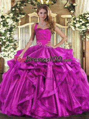 Sophisticated Fuchsia Organza Lace Up 15 Quinceanera Dress Sleeveless Floor Length Ruffles