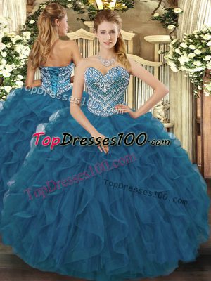 Eye-catching Ball Gowns Ball Gown Prom Dress Teal Sweetheart Tulle Sleeveless Floor Length Lace Up