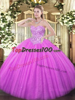 Modern Lilac Tulle Lace Up Sweetheart Sleeveless Floor Length Sweet 16 Quinceanera Dress Appliques