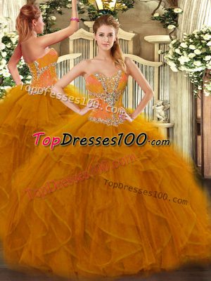 Brown Tulle Lace Up Ball Gown Prom Dress Sleeveless Floor Length Beading and Ruffles