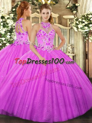 Stylish Fuchsia Sleeveless Tulle Lace Up Sweet 16 Dress for Military Ball and Sweet 16 and Quinceanera