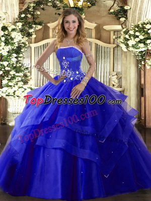 Elegant Royal Blue Sleeveless Beading and Ruffled Layers Floor Length Sweet 16 Quinceanera Dress