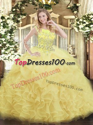 Best Selling Floor Length Zipper Sweet 16 Quinceanera Dress Yellow for Military Ball and Sweet 16 and Quinceanera with Beading and Ruffles