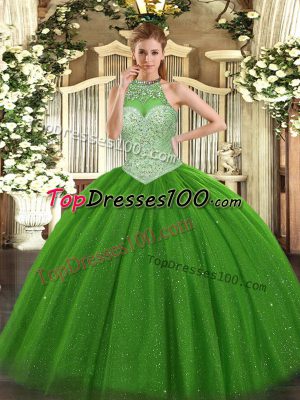 Sleeveless Floor Length Beading Lace Up Sweet 16 Dress with Green