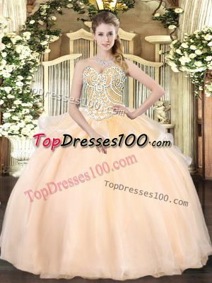 Beading Quince Ball Gowns Champagne Lace Up Sleeveless Floor Length