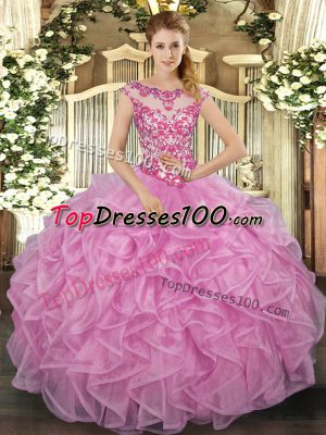 Floor Length Lilac Quinceanera Gown Organza Cap Sleeves Beading and Appliques and Ruffles