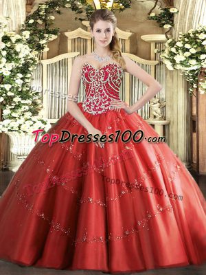 Red Sweetheart Lace Up Beading and Appliques 15th Birthday Dress Sleeveless