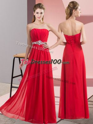 Edgy Sleeveless Floor Length Beading Lace Up with Red