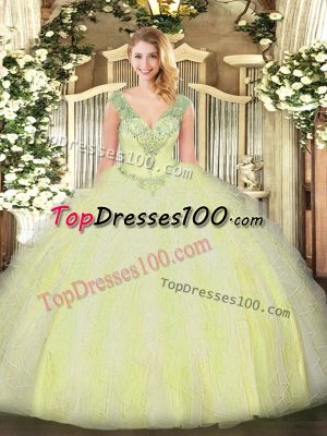Adorable Yellow Green Sleeveless Beading and Ruffles Floor Length Quince Ball Gowns