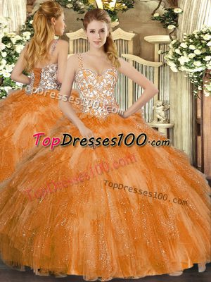 Stunning Orange Sleeveless Beading and Ruffles Floor Length Quince Ball Gowns