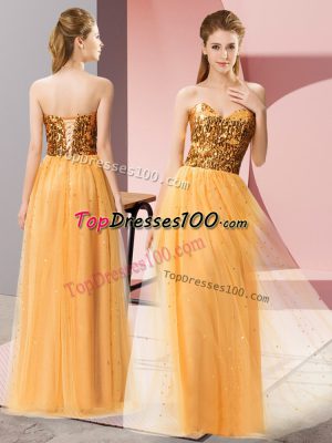 Fancy Gold Tulle Lace Up Sweetheart Sleeveless Floor Length Homecoming Dress Sequins