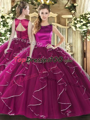 Tulle Scoop Sleeveless Lace Up Ruffles Sweet 16 Dresses in Fuchsia