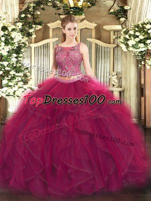Fuchsia Two Pieces Tulle Scoop Sleeveless Beading and Ruffles Floor Length Lace Up Quinceanera Dresses