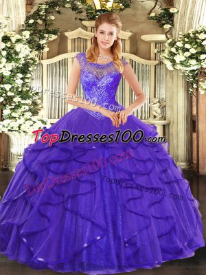 Scoop Sleeveless Sweet 16 Quinceanera Dress Floor Length Beading and Ruffles Blue Tulle