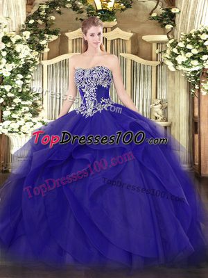 Strapless Sleeveless 15 Quinceanera Dress Floor Length Beading and Ruffles Blue Tulle