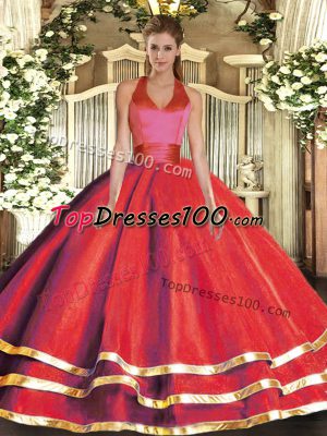 Perfect Floor Length Red 15th Birthday Dress Halter Top Sleeveless Lace Up