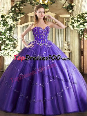 Purple Lace Up Sweet 16 Quinceanera Dress Appliques and Embroidery Sleeveless Floor Length