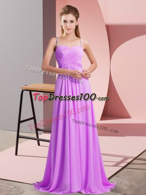 Lilac Chiffon Backless Spaghetti Straps Sleeveless Dress for Prom Sweep Train Ruching